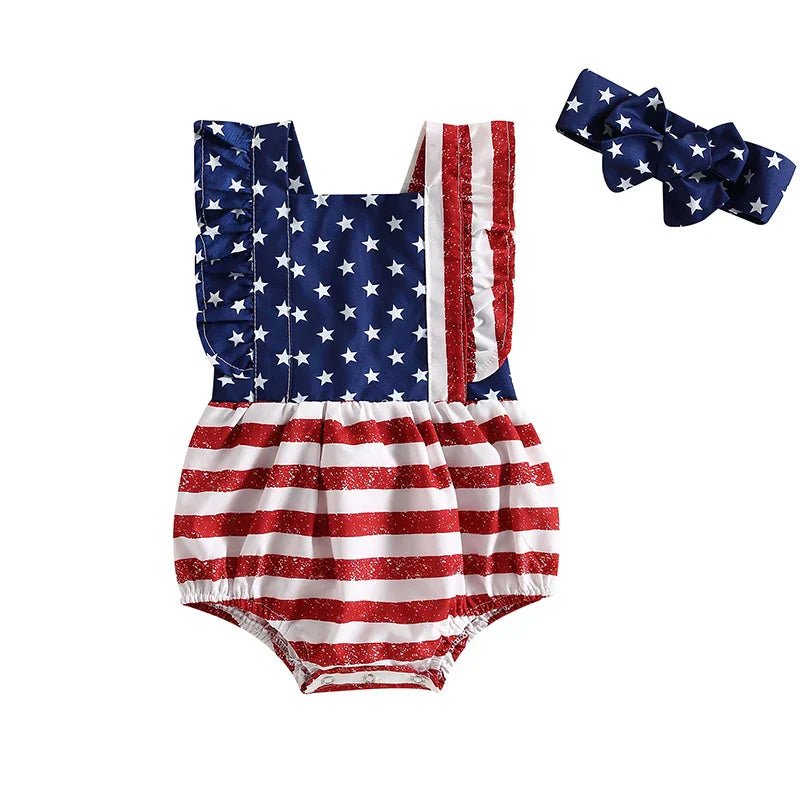 2Pcs 4th of July Outfit Sleeveless Backless Ruffle Romper USA Flag with Headband Set - Wearebambino - Flag - United States - 0 - 6 M - 2Pcs 4th of July Outfit Sleeveless Backless Ruffle Romper USA Flag with Headband Set