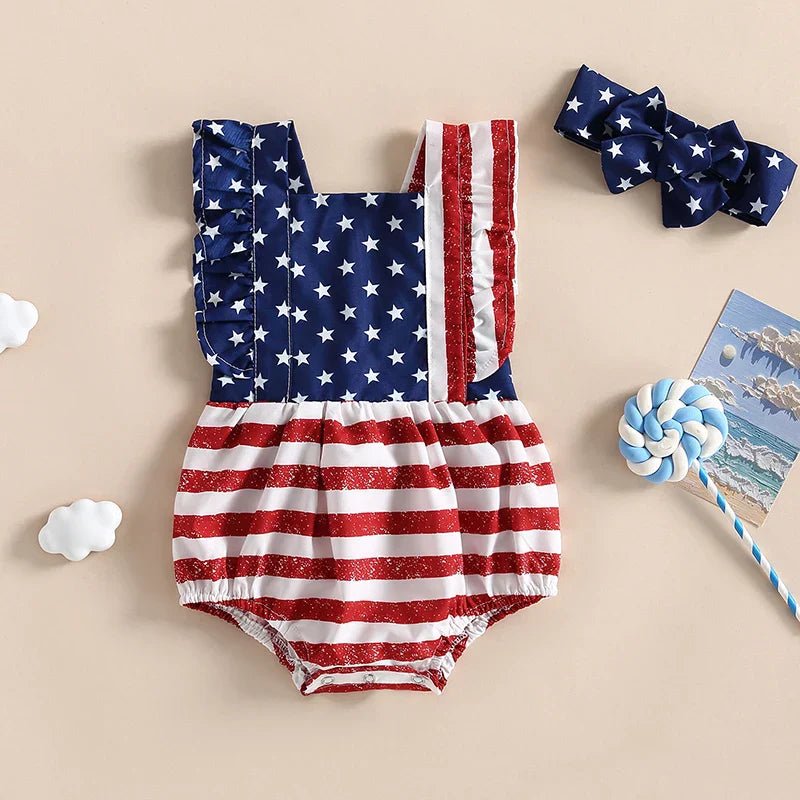 2Pcs 4th of July Outfit Sleeveless Backless Ruffle Romper USA Flag with Headband Set - Wearebambino - Flag - United States - 0 - 6 M - 2Pcs 4th of July Outfit Sleeveless Backless Ruffle Romper USA Flag with Headband Set