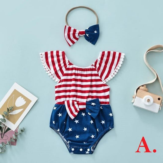 4th of July Baby Bow Romper & Headband - Wearebambino - A. - 0 - 3 M - 4th of July Baby Bow Romper & Headband