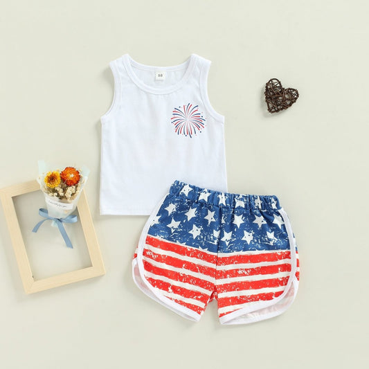 4th of July Fireworks Tank Top & Shorts - Wearebambino - White/Red/Blue - 6 - 12 M - 4th of July Fireworks Tank Top & Shorts