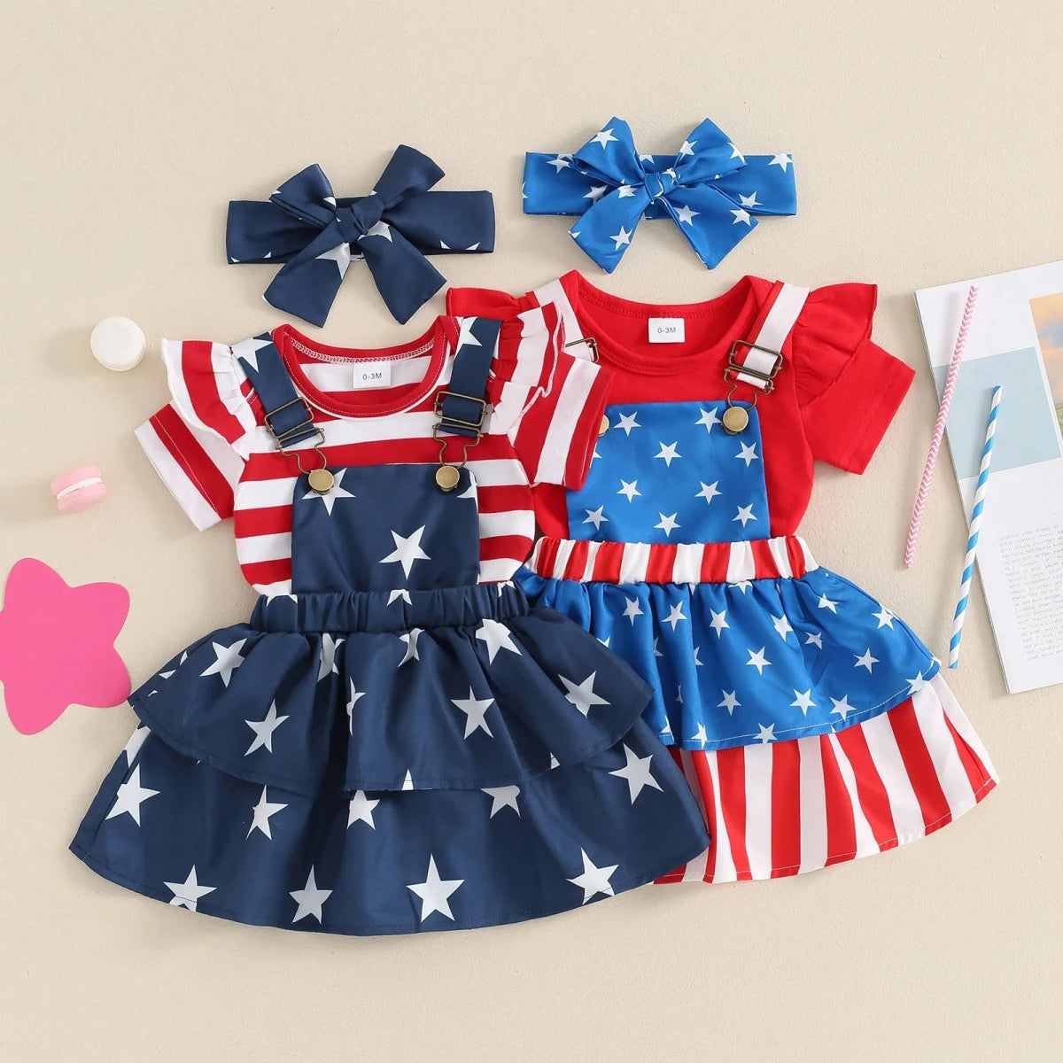 4th of July Suspender Dress Outfit - Wearebambino - Red Onesie / Stars & Stripes Dress - 0 - 3 M - 4th of July Suspender Dress Outfit