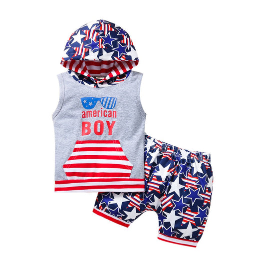 American Boy Sleeveless Hoodie Shorts Set - Wearebambino - Multi - 6 - 12 M - American Boy Sleeveless Hoodie Shorts Set