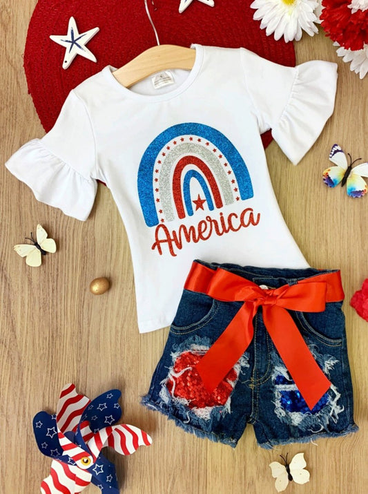 American Rainbow Sequin Denim Shorts Set - Wearebambino - White - 2T - American Rainbow Sequin Denim Shorts Set