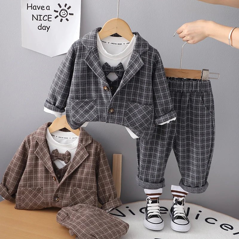 Baby Boys' Plaid 3PCs Casual Suit - Spring/Autumn - Wearebambino - Brown - 12 M - Baby Boys' Plaid 3PCs Casual Suit - Spring/Autumn