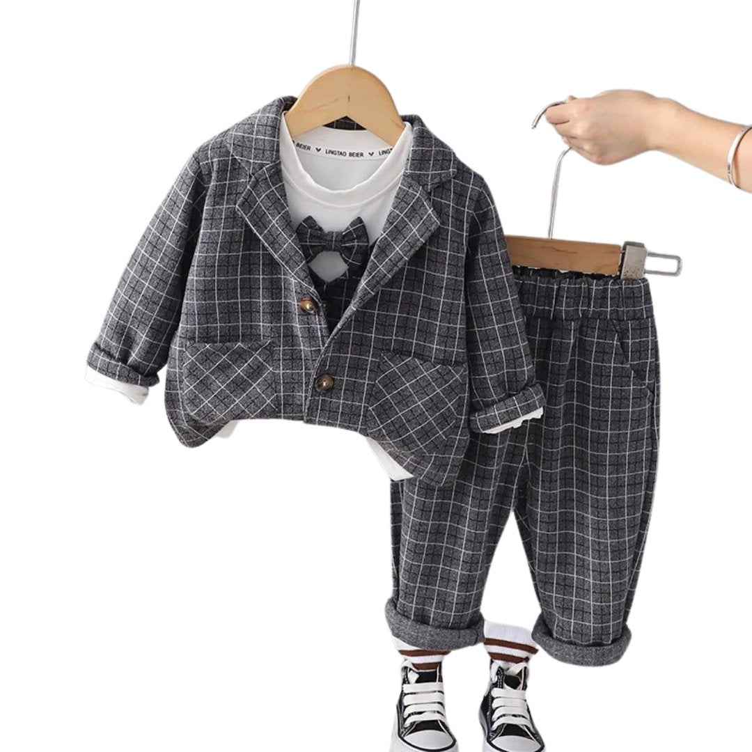 Baby Boys' Plaid 3PCs Casual Suit - Spring/Autumn - Wearebambino - Gray - 12 M - Baby Boys' Plaid 3PCs Casual Suit - Spring/Autumn