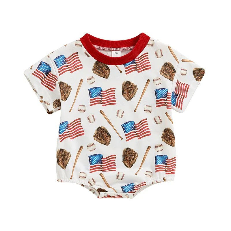 Baby Boys Romper 4th of July Baseball American Flag Print Short Sleeve Jumpsuit - Wearebambino - WHITE - 3 - 6 M - United States - Baby Boys Romper 4th of July Baseball American Flag Print Short Sleeve Jumpsuit