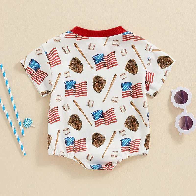 Baby Boys Romper 4th of July Baseball American Flag Print Short Sleeve Jumpsuit - Wearebambino - WHITE - 3 - 6 M - United States - Baby Boys Romper 4th of July Baseball American Flag Print Short Sleeve Jumpsuit