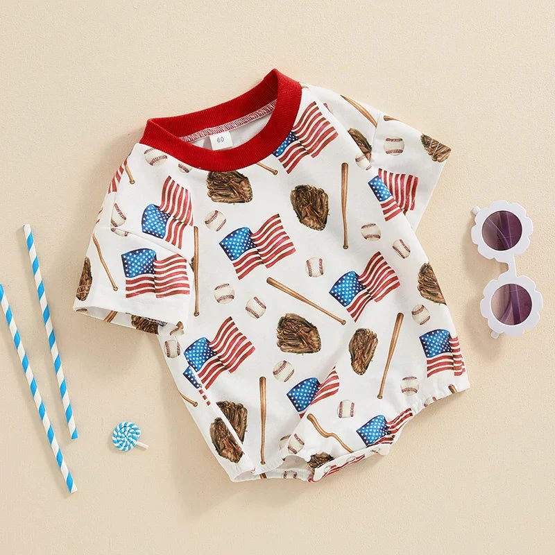 Baby Boys Romper 4th of July Baseball American Flag Print Short Sleeve Jumpsuit - Wearebambino - Blue - 12 - 18 M - United States - Baby Boys Romper 4th of July Baseball American Flag Print Short Sleeve Jumpsuit