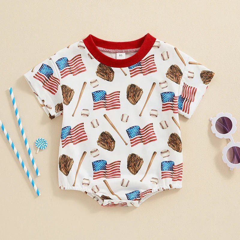 Baby Boys Romper 4th of July Baseball American Flag Print Short Sleeve Jumpsuit - Wearebambino - WHITE - 3 - 6 M - United States - Baby Boys Romper 4th of July Baseball American Flag Print Short Sleeve Jumpsuit