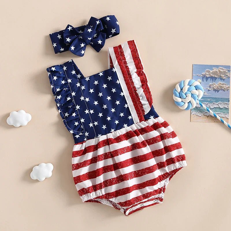 Baby Girl 2Pcs 4th of July Outfit Sleeveless Backless Ruffle Romper USA Flag with Headband Set - Wearebambino - Flag - United States - 0 - 6M - Baby Girl 2Pcs 4th of July Outfit Sleeveless Backless Ruffle Romper USA Flag with Headband Set