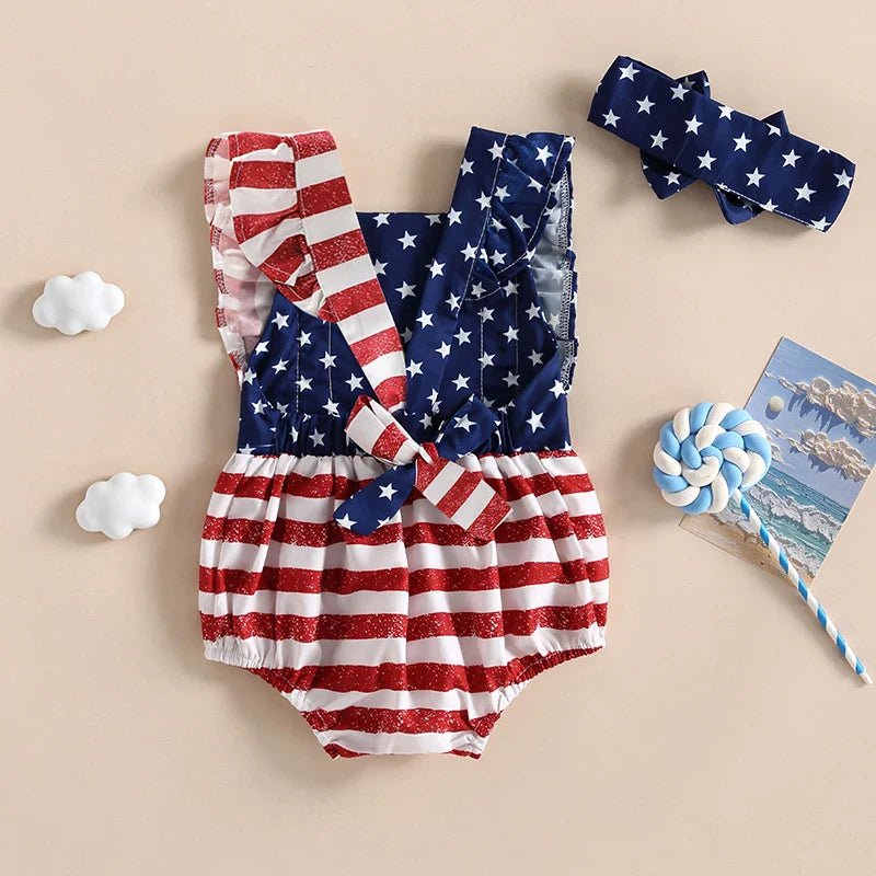 Baby Girl 2Pcs 4th of July Outfit Sleeveless Backless Ruffle Romper USA Flag with Headband Set - Wearebambino - Flag - United States - 0 - 6M - Baby Girl 2Pcs 4th of July Outfit Sleeveless Backless Ruffle Romper USA Flag with Headband Set