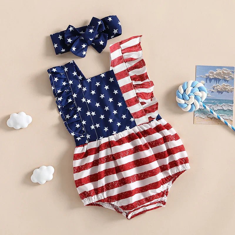 Baby Girl 2Pcs 4th of July Outfit Sleeveless Backless Ruffle Romper USA Flag with Headband Set - Wearebambino - Flag - United States - 0 - 6M - Baby Girl 2Pcs 4th of July Outfit Sleeveless Backless Ruffle Romper USA Flag with Headband Set