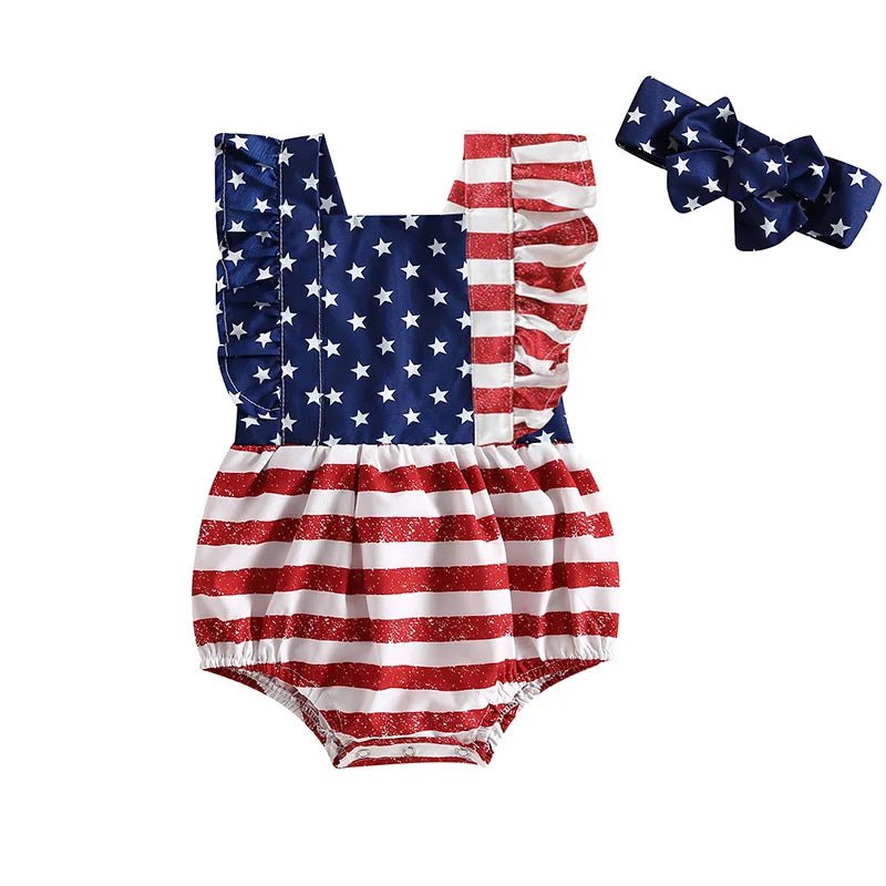 Baby Girl 2Pcs 4th of July Outfit Sleeveless Backless Ruffle Romper USA Flag with Headband Set - Wearebambino - Flag - United States - 0 - 6M - Baby Girl 2Pcs 4th of July Outfit Sleeveless Backless Ruffle Romper USA Flag with Headband Set