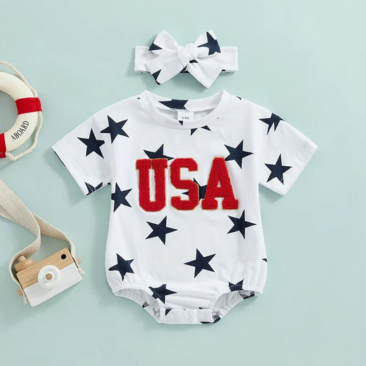 Baby Girls 2Pcs USA 4th of July Romper Fuzzy Letter Embroidered Stars Print Short Sleeve Jumpsuit with Headband - Wearebambino - WHITE - 0 - 3 M - CHINA - Baby Girls 2Pcs USA 4th of July Romper Fuzzy Letter Embroidered Stars Print Short Sleeve Jumpsuit with Headband