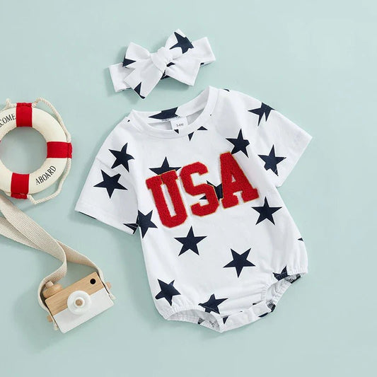 Baby Girls 2Pcs USA 4th of July Romper Fuzzy Letter Embroidered Stars Print Short Sleeve Jumpsuit with Headband - Wearebambino - WHITE - 0 - 3 M - CHINA - Baby Girls 2Pcs USA 4th of July Romper Fuzzy Letter Embroidered Stars Print Short Sleeve Jumpsuit with Headband