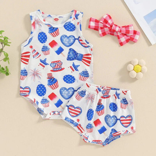 Baby Girls 3Pcs Independence Day Clothing Sets Sleeveless Tank Top Cartoon Heart Flag Fireworks 4th of July Pattern Print Romper Shorts Set Headband Outfit - Wearebambino - WHITE - 0 - 3 M - United States - Baby Girls 3Pcs Independence Day Clothing Sets Sleeveless Tank Top Cartoon Heart Flag Fireworks 4th of July Pattern Print Romper Shorts Set Headband Outfit