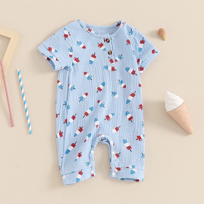 Baby Girls Boys 4th of July Romper Ice Cream Popsicle Print Short Sleeve Summer Jumpsuit Romper - Wearebambino - Blue - 3 - 6 M - United States - Baby Girls Boys 4th of July Romper Ice Cream Popsicle Print Short Sleeve Summer Jumpsuit Romper