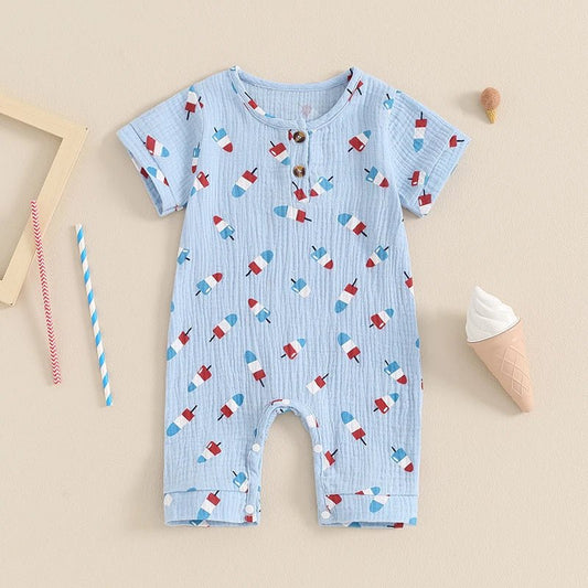 Baby Girls Boys 4th of July Romper Ice Cream Popsicle Print Short Sleeve Summer Jumpsuit Romper - Wearebambino - Blue - 3 - 6 M - United States - Baby Girls Boys 4th of July Romper Ice Cream Popsicle Print Short Sleeve Summer Jumpsuit Romper