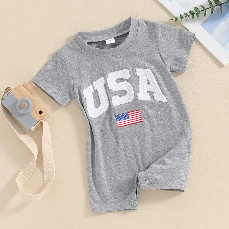 Baby Girls Boys 4th of July USA Romper Fuzzy Letter Flag Embroidery Crew Neck Short Sleeve Jumpsuits - Wearebambino - Blue - 6 - 12 M - United States - Baby Girls Boys 4th of July USA Romper Fuzzy Letter Flag Embroidery Crew Neck Short Sleeve Jumpsuits