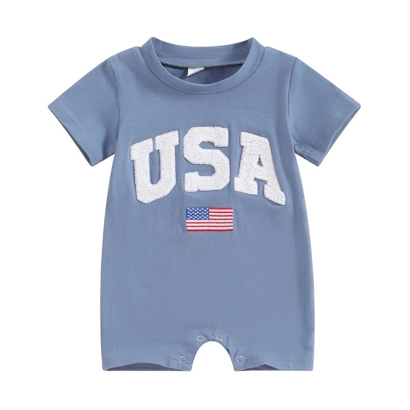 Baby Girls Boys 4th of July USA Romper Fuzzy Letter Flag Embroidery Crew Neck Short Sleeve Jumpsuits - Wearebambino - Blue - 6 - 12 M - United States - Baby Girls Boys 4th of July USA Romper Fuzzy Letter Flag Embroidery Crew Neck Short Sleeve Jumpsuits