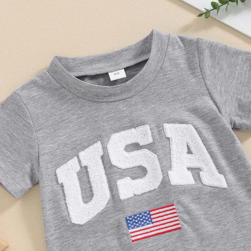 Baby Girls Boys 4th of July USA Romper Fuzzy Letter Flag Embroidery Crew Neck Short Sleeve Jumpsuits - Wearebambino - Blue - 6 - 12 M - United States - Baby Girls Boys 4th of July USA Romper Fuzzy Letter Flag Embroidery Crew Neck Short Sleeve Jumpsuits