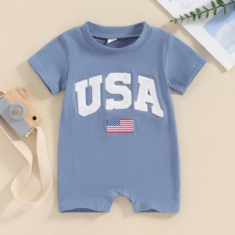 Baby Girls Boys 4th of July USA Romper Fuzzy Letter Flag Embroidery Crew Neck Short Sleeve Jumpsuits - Wearebambino - Gray - 0 - 3 M - United States - Baby Girls Boys 4th of July USA Romper Fuzzy Letter Flag Embroidery Crew Neck Short Sleeve Jumpsuits