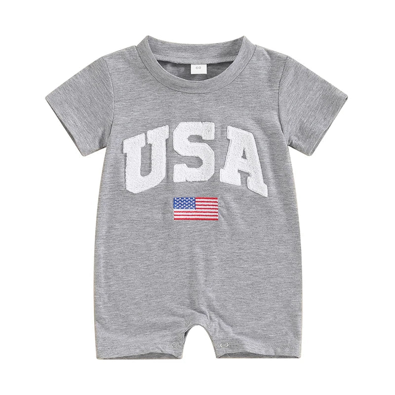 Baby Girls Boys 4th of July USA Romper Fuzzy Letter Flag Embroidery Crew Neck Short Sleeve Jumpsuits - Wearebambino - Blue - 6 - 12 M - United States - Baby Girls Boys 4th of July USA Romper Fuzzy Letter Flag Embroidery Crew Neck Short Sleeve Jumpsuits