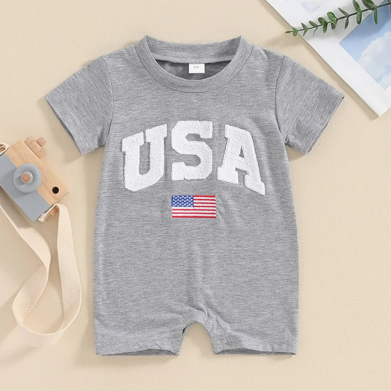 Baby Girls Boys 4th of July USA Romper Fuzzy Letter Flag Embroidery Crew Neck Short Sleeve Jumpsuits - Wearebambino - Gray - 0 - 3 M - United States - Baby Girls Boys 4th of July USA Romper Fuzzy Letter Flag Embroidery Crew Neck Short Sleeve Jumpsuits