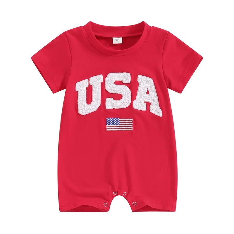 Baby Girls Boys 4th of July USA Romper Fuzzy Letter Flag Embroidery Crew Neck Short Sleeve Jumpsuits - Wearebambino - Blue - 6 - 12 M - United States - Baby Girls Boys 4th of July USA Romper Fuzzy Letter Flag Embroidery Crew Neck Short Sleeve Jumpsuits