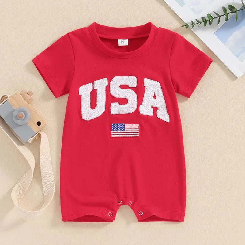 Baby Girls Boys 4th of July USA Romper Fuzzy Letter Flag Embroidery Crew Neck Short Sleeve Jumpsuits - Wearebambino - Gray - 0 - 3 M - United States - Baby Girls Boys 4th of July USA Romper Fuzzy Letter Flag Embroidery Crew Neck Short Sleeve Jumpsuits