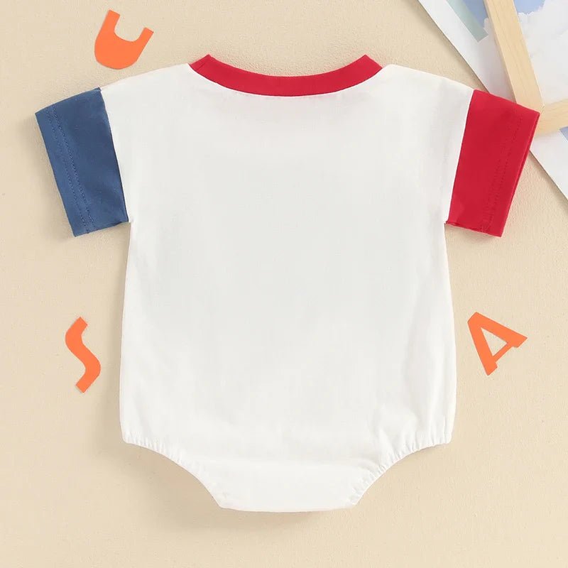 Baby Girls Boys Independence Day USA Romper Short Sleeve O - neck Letter Embroidery Contrast Color Jumpsuit - Wearebambino - WHITE - 9 - 12 M - United States - Baby Girls Boys Independence Day USA Romper Short Sleeve O - neck Letter Embroidery Contrast Color Jumpsuit