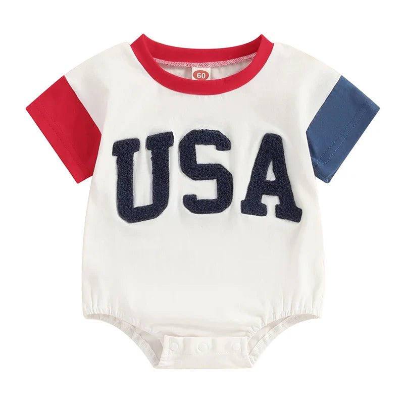 Baby Girls Boys Independence Day USA Romper Short Sleeve O - neck Letter Embroidery Contrast Color Jumpsuit - Wearebambino - WHITE - 9 - 12 M - United States - Baby Girls Boys Independence Day USA Romper Short Sleeve O - neck Letter Embroidery Contrast Color Jumpsuit