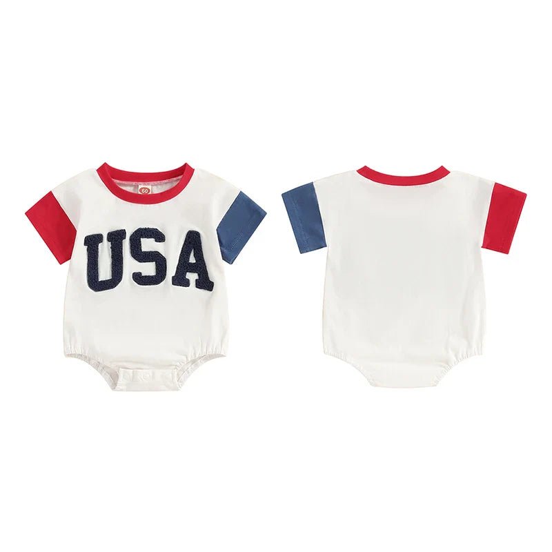 Baby Girls Boys Independence Day USA Romper Short Sleeve O - neck Letter Embroidery Contrast Color Jumpsuit - Wearebambino - WHITE - 9 - 12 M - United States - Baby Girls Boys Independence Day USA Romper Short Sleeve O - neck Letter Embroidery Contrast Color Jumpsuit