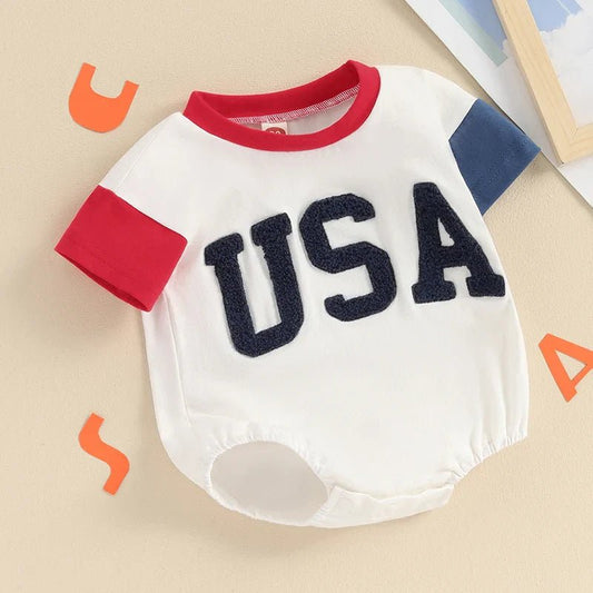 Baby Girls Boys Independence Day USA Romper Short Sleeve O - neck Letter Embroidery Contrast Color Jumpsuit - Wearebambino - WHITE - 9 - 12 M - United States - Baby Girls Boys Independence Day USA Romper Short Sleeve O - neck Letter Embroidery Contrast Color Jumpsuit