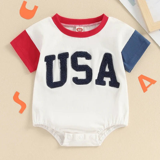 Baby Girls Boys Independence Day USA Romper Short Sleeve O - neck Letter Embroidery Contrast Color Jumpsuit - Wearebambino - WHITE - 9 - 12 M - United States - Baby Girls Boys Independence Day USA Romper Short Sleeve O - neck Letter Embroidery Contrast Color Jumpsuit