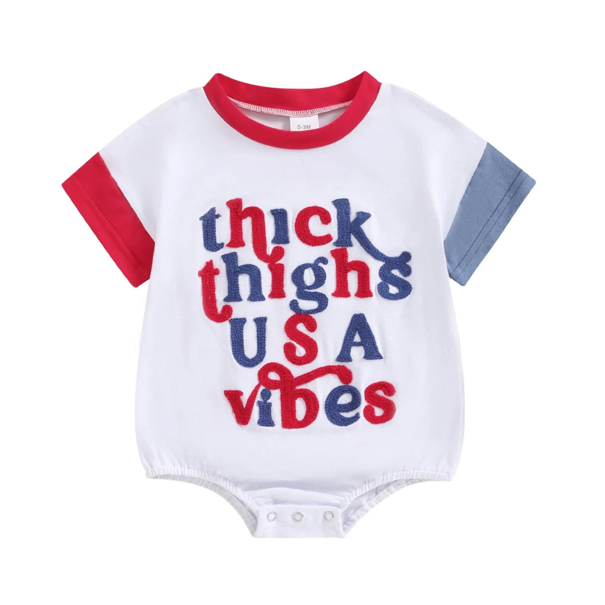 Baby Girls Boys Thick Thighs USA / July 4th Vibes Independence Day Romper Short Sleeve Crewneck Letter Embroidery Contrast Color Romper - Wearebambino - July4th - 3 - 6 M - United States - Baby Girls Boys Thick Thighs USA / July 4th Vibes Independence Day Romper Short Sleeve Crewneck Letter Embroidery Contrast Color Romper