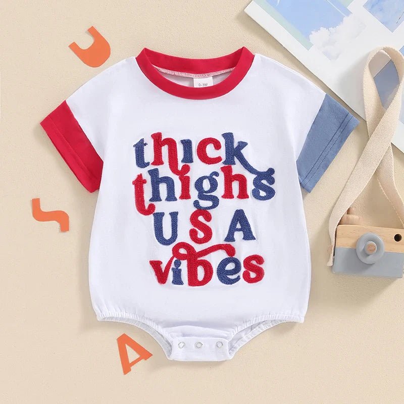 Baby Girls Boys Thick Thighs USA / July 4th Vibes Independence Day Romper Short Sleeve Crewneck Letter Embroidery Contrast Color Romper - Wearebambino - July4th - 3 - 6 M - United States - Baby Girls Boys Thick Thighs USA / July 4th Vibes Independence Day Romper Short Sleeve Crewneck Letter Embroidery Contrast Color Romper