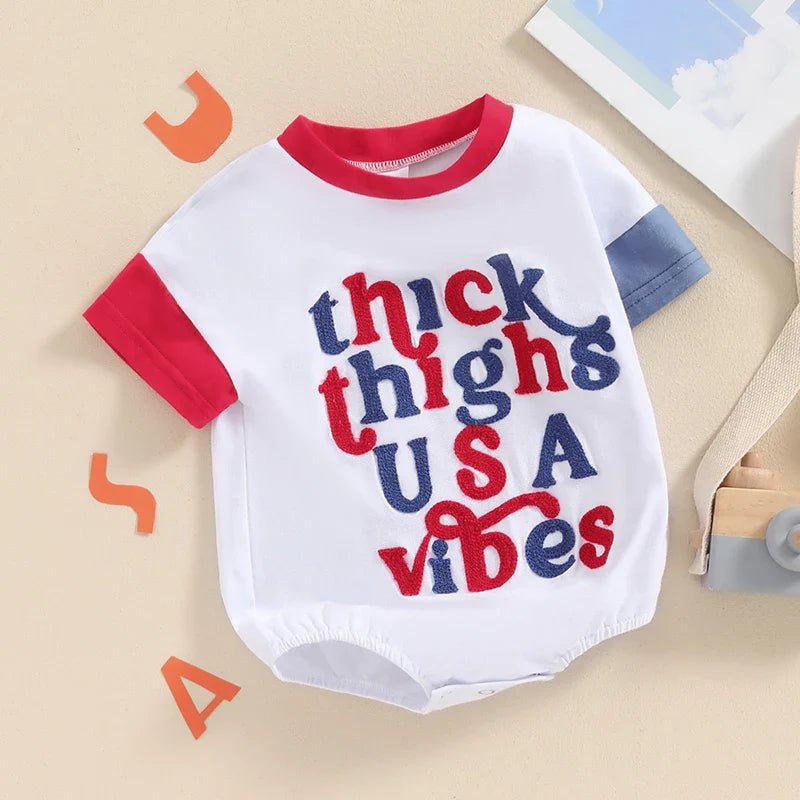 Baby Girls Boys Thick Thighs USA / July 4th Vibes Independence Day Romper Short Sleeve Crewneck Letter Embroidery Contrast Color Romper - Wearebambino - July4th - 3 - 6 M - United States - Baby Girls Boys Thick Thighs USA / July 4th Vibes Independence Day Romper Short Sleeve Crewneck Letter Embroidery Contrast Color Romper