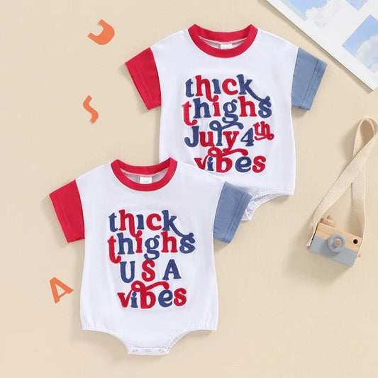 Baby Girls Boys Thick Thighs USA / July 4th Vibes Independence Day Romper Short Sleeve Crewneck Letter Embroidery Contrast Color Romper - Wearebambino - July4th - 3 - 6 M - United States - Baby Girls Boys Thick Thighs USA / July 4th Vibes Independence Day Romper Short Sleeve Crewneck Letter Embroidery Contrast Color Romper