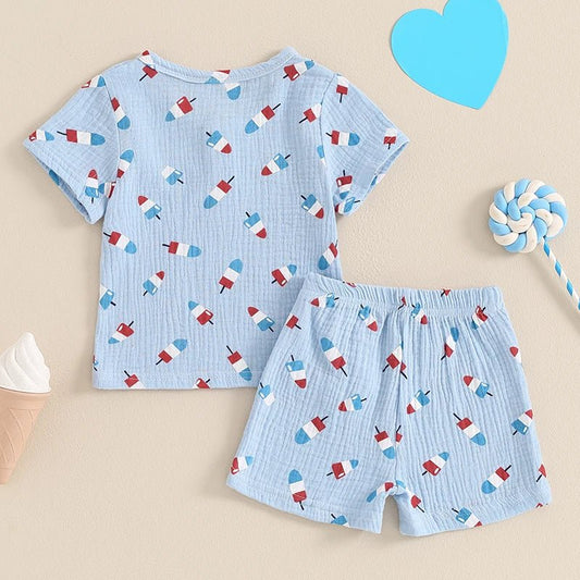 Baby Toddler Boy 2Pcs 4th of July Outfit Popsicle Print Short Sleeve Top with Elastic Waist Shorts Set - Wearebambino - Blue - 3T - United States - Baby Toddler Boy 2Pcs 4th of July Outfit Popsicle Print Short Sleeve Top with Elastic Waist Shorts Set