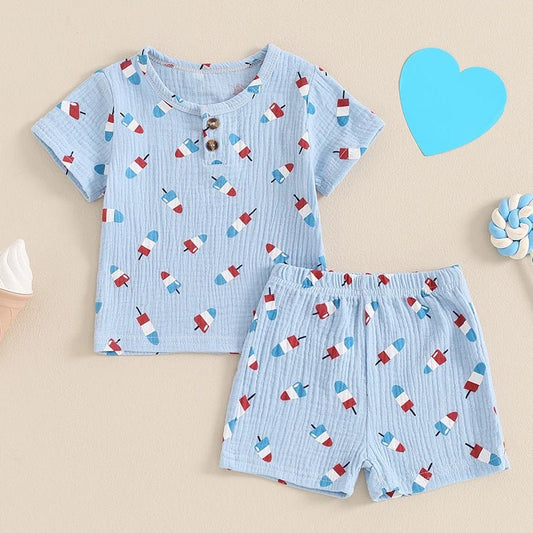 Baby Toddler Boy 2Pcs 4th of July Outfit Popsicle Print Short Sleeve Top with Elastic Waist Shorts Set - Wearebambino - Blue - 3T - United States - Baby Toddler Boy 2Pcs 4th of July Outfit Popsicle Print Short Sleeve Top with Elastic Waist Shorts Set