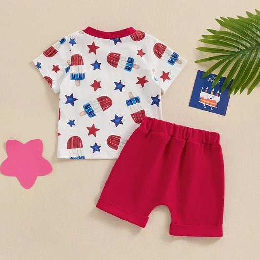 Baby Toddler Boy 2Pcs 4th of July Outfit Star Popsicle Print Short Sleeve Top with Pocket + Elastic Waist Shorts Independence Day Set - Wearebambino - Red - 0 - 6 M - United States - Baby Toddler Boy 2Pcs 4th of July Outfit Star Popsicle Print Short Sleeve Top with Pocket + Elastic Waist Shorts Independence Day Set