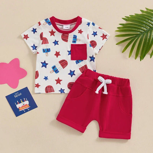 Baby Toddler Boy 2Pcs 4th of July Outfit Star Popsicle Print Short Sleeve Top with Pocket + Elastic Waist Shorts Independence Day Set - Wearebambino - Red - 0 - 6 M - United States - Baby Toddler Boy 2Pcs 4th of July Outfit Star Popsicle Print Short Sleeve Top with Pocket + Elastic Waist Shorts Independence Day Set