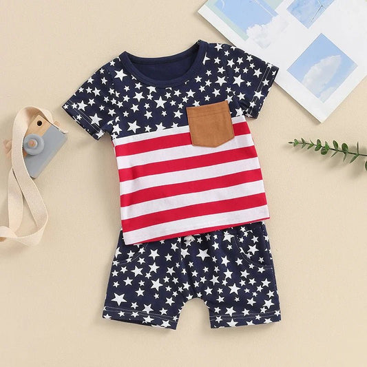 Baby Toddler Boys 2Pcs 4th of July Outfits O - Neck Short Sleeve Stars and Stripes Top + Elastic Waist Star Print Shorts Summer Set - Wearebambino - Blue - 2T - United States - Baby Toddler Boys 2Pcs 4th of July Outfits O - Neck Short Sleeve Stars and Stripes Top + Elastic Waist Star Print Shorts Summer Set