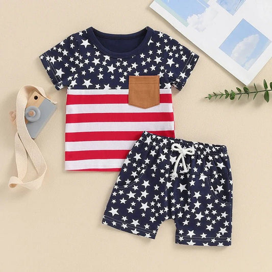 Baby Toddler Boys 2Pcs 4th of July Outfits O - Neck Short Sleeve Stars and Stripes Top + Elastic Waist Star Print Shorts Summer Set - Wearebambino - Blue - 2T - United States - Baby Toddler Boys 2Pcs 4th of July Outfits O - Neck Short Sleeve Stars and Stripes Top + Elastic Waist Star Print Shorts Summer Set