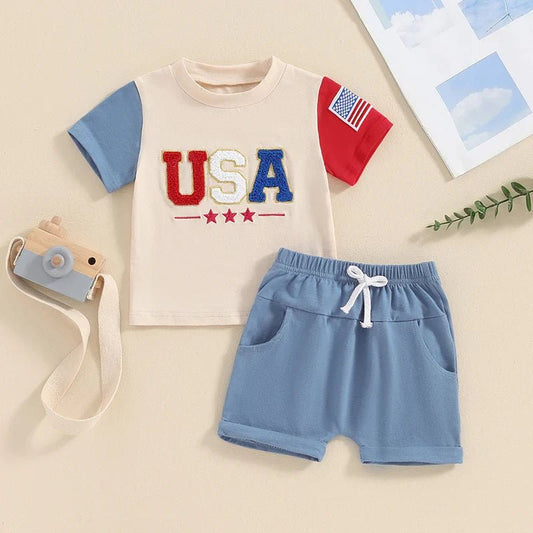 Baby Toddler Boys 2Pcs 4th of July Short Sleeve Letter USA Embroidery Flag Top Solid Color Drawstring Shorts Set - Wearebambino - Beige - 2T - United States - Baby Toddler Boys 2Pcs 4th of July Short Sleeve Letter USA Embroidery Flag Top Solid Color Drawstring Shorts Set