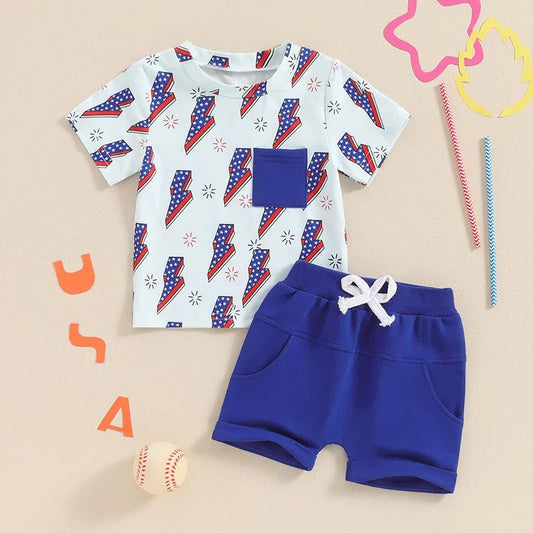 Baby Toddler Boys 2Pcs 4th of July USA Outfits Flag Baseball Lightning Bolt Print Short Sleeve Top Elastic Waist Shorts Clothes Set - Wearebambino - Lightning Bolt - 2T - Baby Toddler Boys 2Pcs 4th of July USA Outfits Flag Baseball Lightning Bolt Print Short Sleeve Top Elastic Waist Shorts Clothes Set