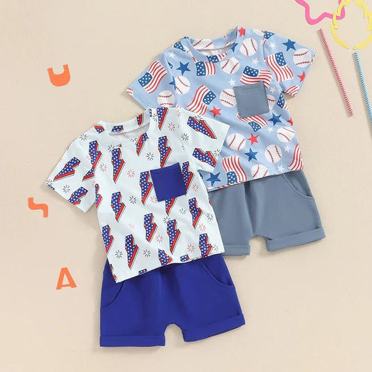 Baby Toddler Boys 2Pcs 4th of July USA Outfits Flag Baseball Lightning Bolt Print Short Sleeve Top Elastic Waist Shorts Clothes Set - Wearebambino - Lightning Bolt - 2T - Baby Toddler Boys 2Pcs 4th of July USA Outfits Flag Baseball Lightning Bolt Print Short Sleeve Top Elastic Waist Shorts Clothes Set