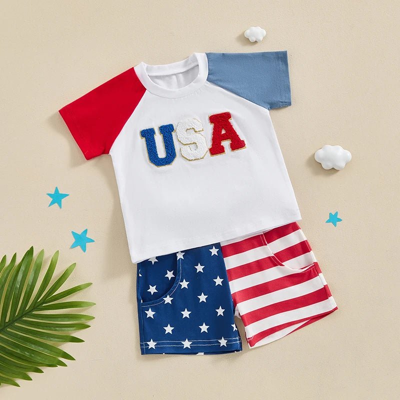 Baby Toddler Boys 2Pcs 4th of July White Short Sleeve USA Letter Embroidery Top Star Stripe Print Shorts Set - Wearebambino - WHITE - 6 - 12 M - United States - Baby Toddler Boys 2Pcs 4th of July White Short Sleeve USA Letter Embroidery Top Star Stripe Print Shorts Set