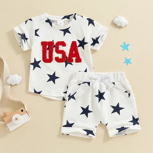 Baby Toddler Boys 2Pcs USA 4th of July Clothes Set Short Sleeve Embroidery Letters Top with Stars Print Shorts Outfit - Wearebambino - WHITE - 3 - 6 M - United States - Baby Toddler Boys 2Pcs USA 4th of July Clothes Set Short Sleeve Embroidery Letters Top with Stars Print Shorts Outfit